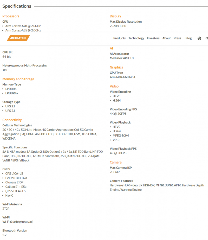 Характеристики MediaTek Dimensity 7050